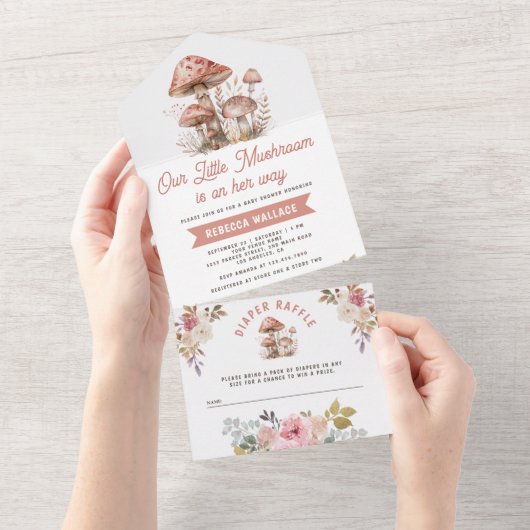 Rustic Woodland Forest Pink Mushroom Baby shower All In One Uitnodiging (Afscheurbaar)