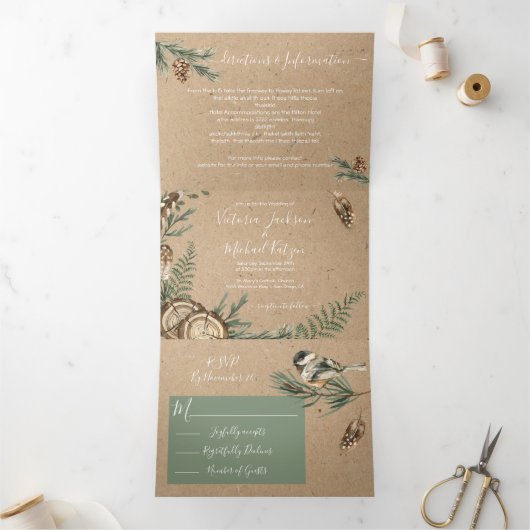 Rustic Woodland Forest Wedding Trivoudig Uitnodigi Drieluik Uitnodiging (Binnen)