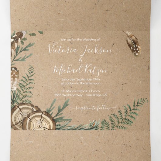 Rustic Woodland Forest Wedding Trivoudig Uitnodigi Drieluik Uitnodiging (Binnenkant midden)
