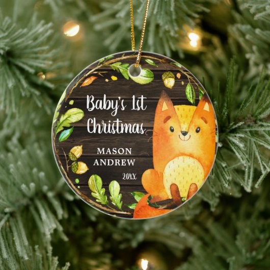 Rustic Woodland Fox Baby's Eerste Kerstmis Keramisch Ornament (Boom)