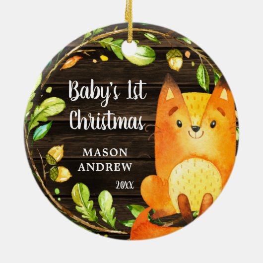 Rustic Woodland Fox Baby's Eerste Kerstmis Keramisch Ornament (Achterkant)