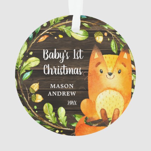 Rustic Woodland Fox Baby's Eerste Kerstmis Ornament (achterkant)