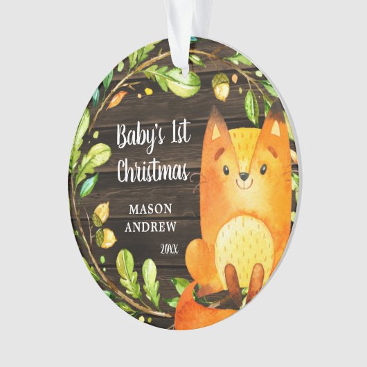 Rustic Woodland Fox Baby's Eerste Kerstmis Ornament (voorkant)