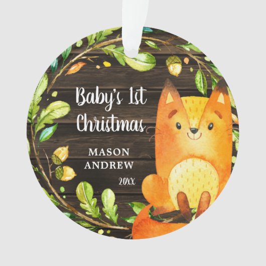 Rustic Woodland Fox Baby's Eerste Kerstmis Ornament (voorkant)
