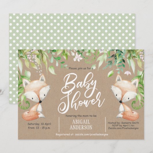 Rustic, Woodland fox, Greenery, Baby Boy Shower Kaart (Voorkant / Achterkant)