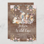 Rustic Woodland Friends Wild One Birthday Party Kaart<br><div class="desc">Schudbossen dieren met één jongen op hun verjaardag Uitnodiging geplaatst op een rustige bruine achtergrond met een coördinerende rug.</div>