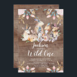 Rustic Woodland Friends Wild One Birthday Party Kaart<br><div class="desc">Schudbossen dieren met één jongen op hun verjaardag Uitnodiging geplaatst op een rustige bruine achtergrond met een coördinerende rug.</div>