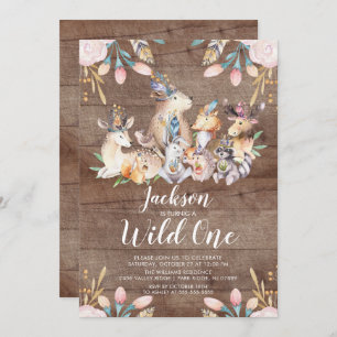 Rustic Woodland Friends Wild One Birthday Party Kaart