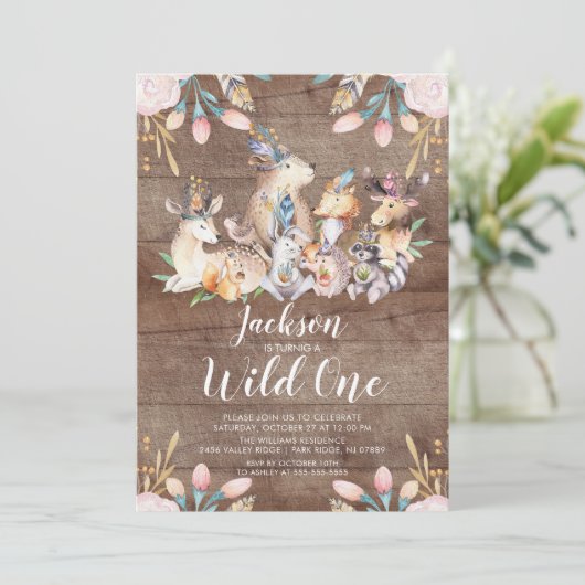 Rustic Woodland Friends Wild One Verjaardagsfeestj Kaart (Staand voorkant)