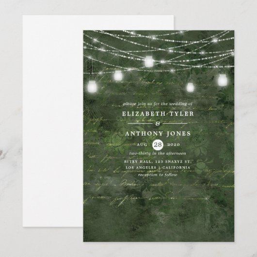 Rustic Woodland Green en Gold Calligraphy Wedding Kaart (Voorkant / Achterkant)