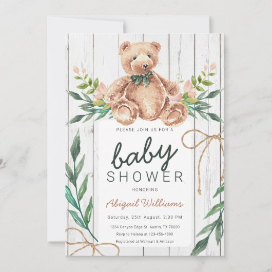 Rustic Woodland Green Teddy Bear Baby shower Kaart (Voorkant)