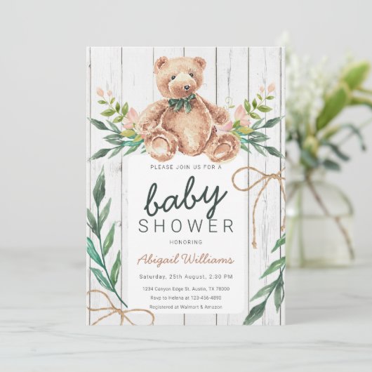 Rustic Woodland Green Teddy Bear Baby shower Kaart (Staand voorkant)