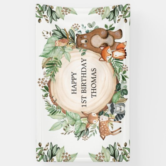Rustic Woodland Greenery Animals Happy Birthday Spandoek (Verticaal)
