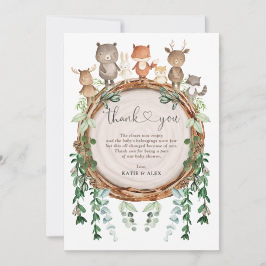 Rustic Woodland Greenery Wild Animals Baby shower Bedankkaart (Voorkant)