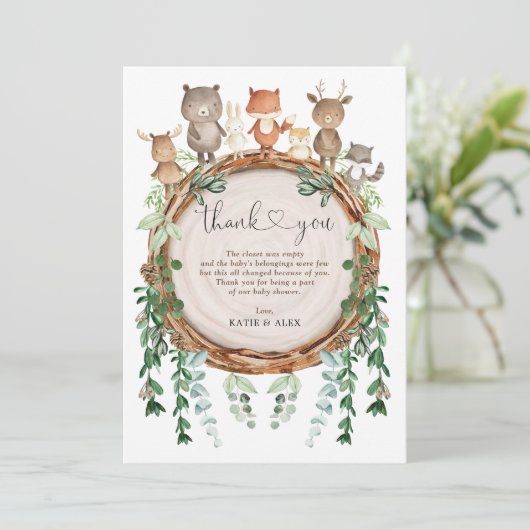 Rustic Woodland Greenery Wild Animals Baby shower Bedankkaart (Staand voorkant)