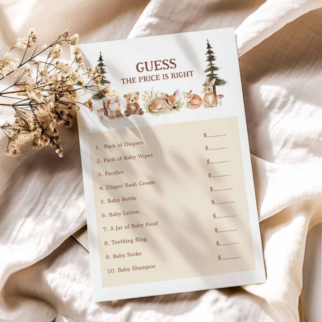 Rustic Woodland Guess het Prijs Baby shower (Woodland Guess The Price Baby Shower Game)