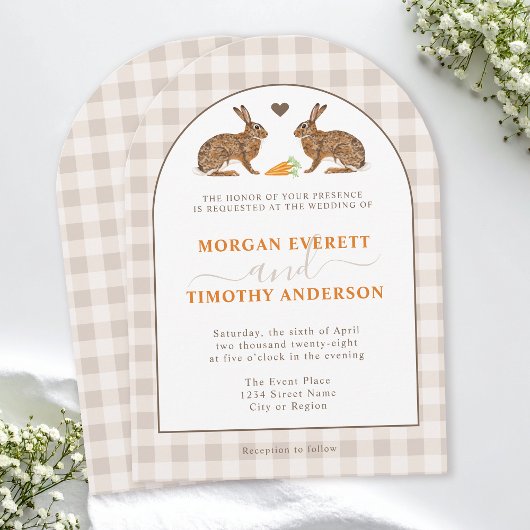 Rustic Woodland Hares On Beige Gingham Wedding Kaart