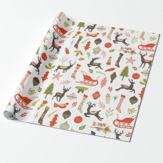 Rustic Woodland Kerstdeer en Natuur Pattern Cadeaupapier (Uitgerold)