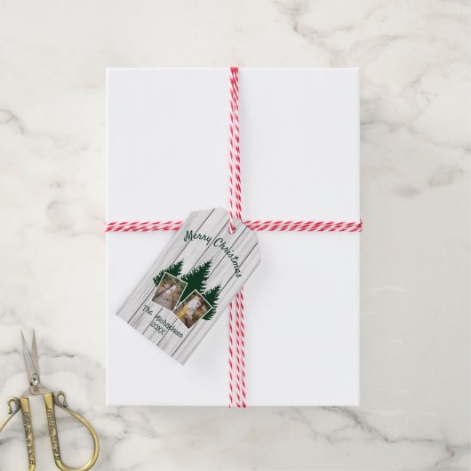 Rustic Woodland Kerstfoto Cadeaulabel (Met Touw)