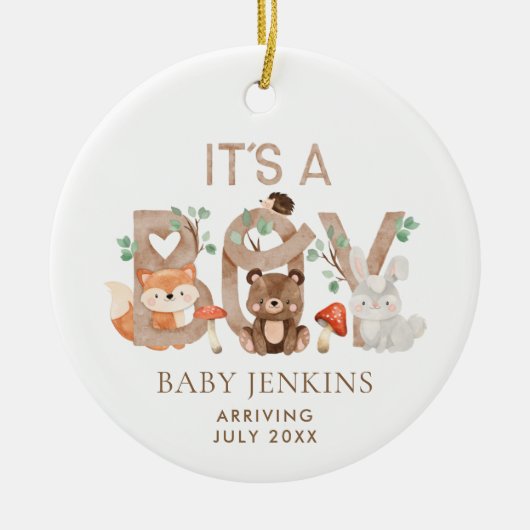 Rustic Woodland Kerstmis Baby Boy Aankondiging Keramisch Ornament (Voorkant)