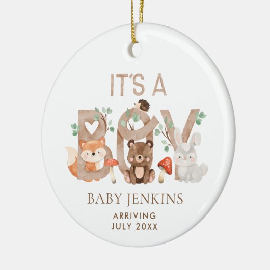 Rustic Woodland Kerstmis Baby Boy Aankondiging Keramisch Ornament (Links)