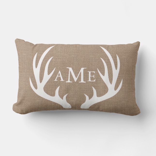 Rustic Woodland Land Deer Antler Faux Burlap Kussen (Voorkant)