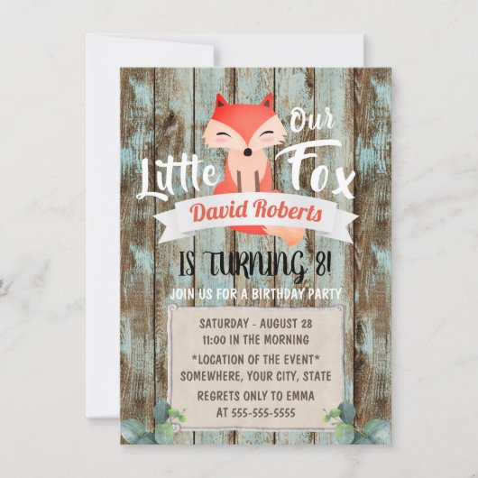 Rustic Woodland Little Fox 8th Birthday Party Kaart (Voorkant)