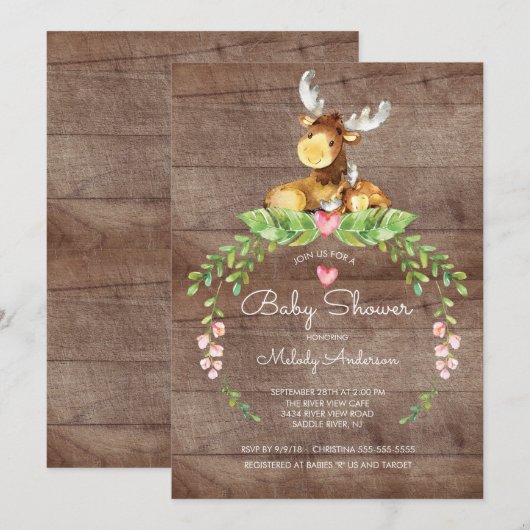 Rustic Woodland Moose Baby shower Invitation Kaart (Voorkant / Achterkant)