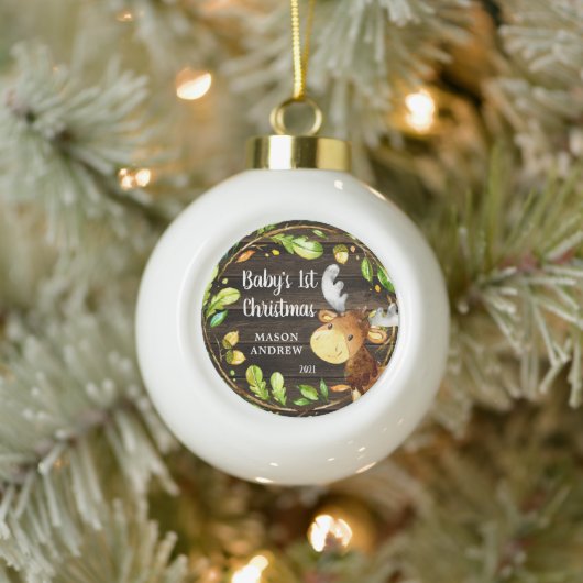 Rustic Woodland Moose Baby's eerste Kerstmis Keramische Bal Ornament (Boom)