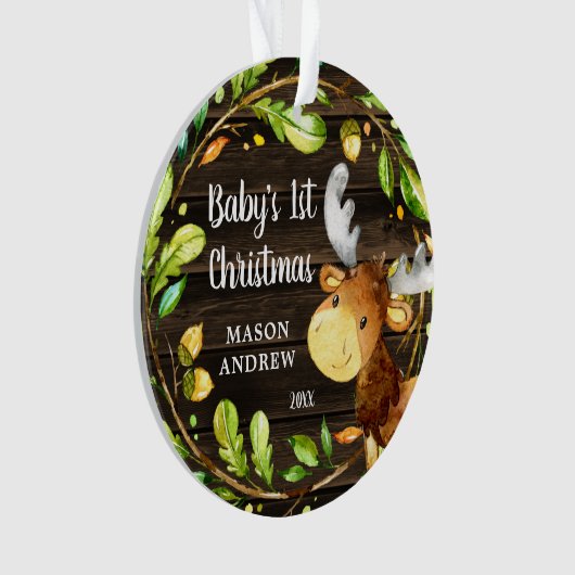 Rustic Woodland Moose Baby's Eerste Kerstmis Ornament (voorkant)