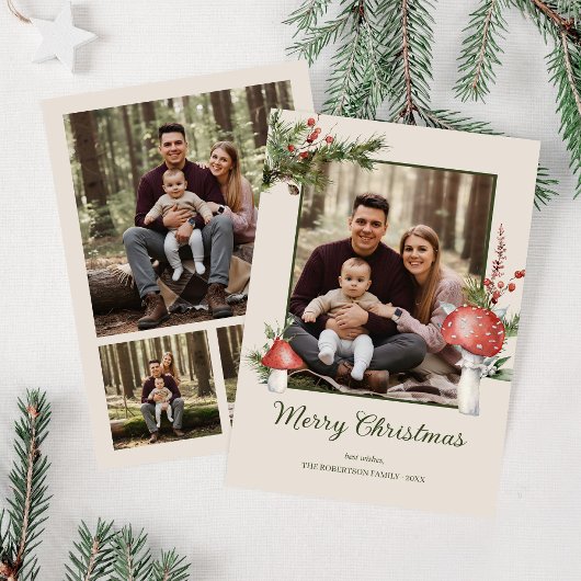 Rustic Woodland Mushrooms Kerstmis 4 Foto Feestdagenkaart