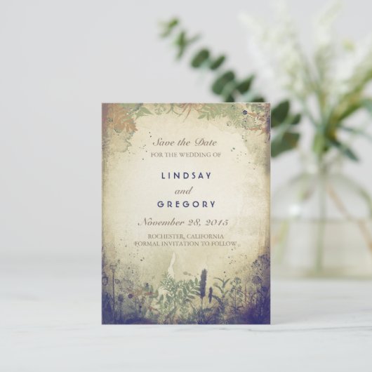Rustic Woodland Navy Save the Date Briefkaarten (Staand voorkant)