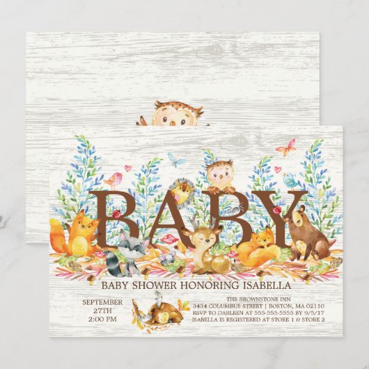 Rustic Woodland Neutral Baby shower Invitation Kaart (Voorkant / Achterkant)