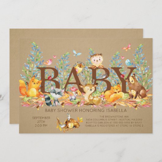 Rustic Woodland Neutral Baby shower Invitation Kaart (Voorkant / Achterkant)