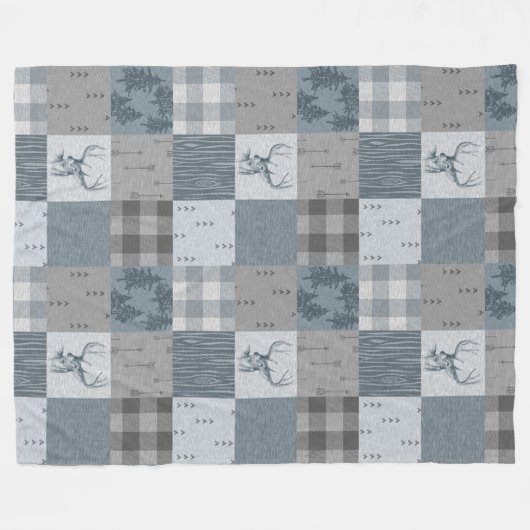Rustic Woodland Patchwork Fleece Blanket - Blue (Voorkant (Horizontaal))