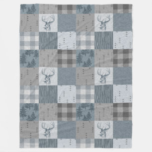 Rustic Woodland Patchwork Fleece Blanket - Blue Deken