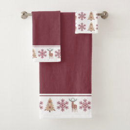 Rustic Woodland Pattern Maroon Tan Kerstmis Bad Handdoek