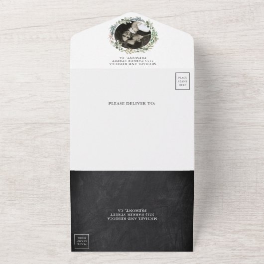 Rustic Woodland Pine Forest Wood Slice Wedding All In One Uitnodiging (Buitenkant)