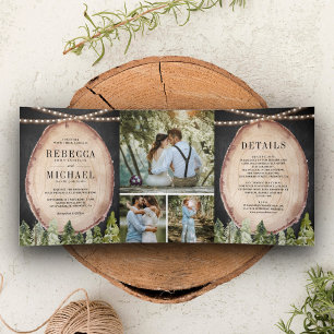 Rustic Woodland Pine Forest Wood Slice Wedding Drieluik Uitnodiging