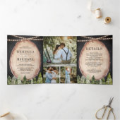 Rustic Woodland Pine Forest Wood Slice Wedding Drieluik Uitnodiging (Binnen)