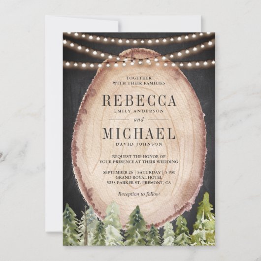 Rustic Woodland Pine Forest Wood Slice Wedding Kaart (Voorkant)