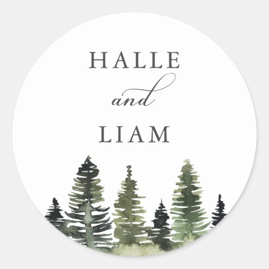 Rustic Woodland Pine Tree Wedding Ronde Sticker (Voorkant)