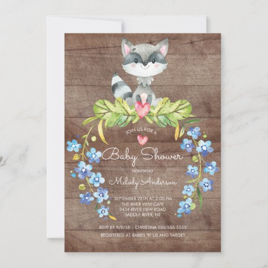 Rustic Woodland Raccoon Baby shower Uitnodiging (Voorkant)