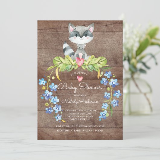 Rustic Woodland Raccoon Baby shower Uitnodiging (Staand voorkant)