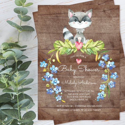 Rustic Woodland Raccoon Baby shower Uitnodiging