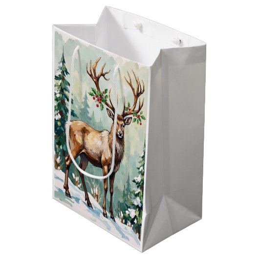 Rustic Woodland Reindeer Elegant Christmas Art Medium Cadeauzakje (Voorkant Gekanteld)
