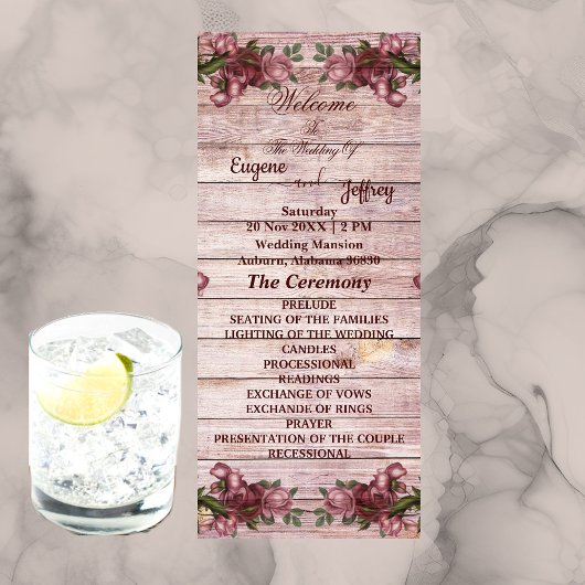 Rustic Woodland Rozen Floral country Wedding Programmakaart