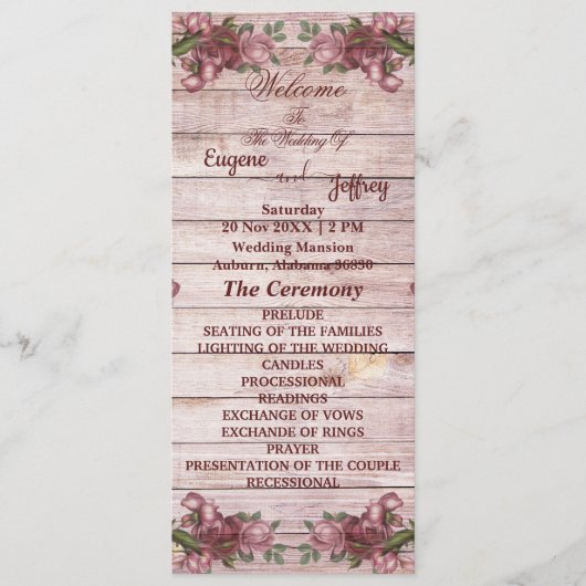 Rustic Woodland Rozen Floral country Wedding Programmakaart (Voorkant)