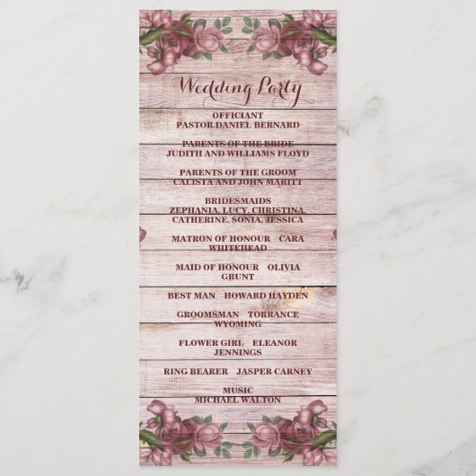 Rustic Woodland Rozen Floral country Wedding Programmakaart (Achterkant)