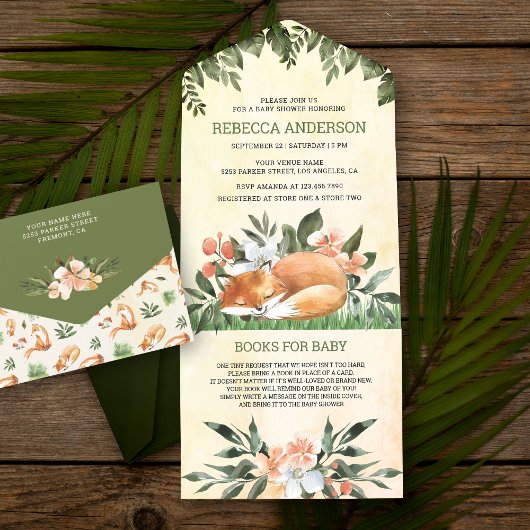  Rustic Woodland Slaapend Fox Baby shower All In One Uitnodiging